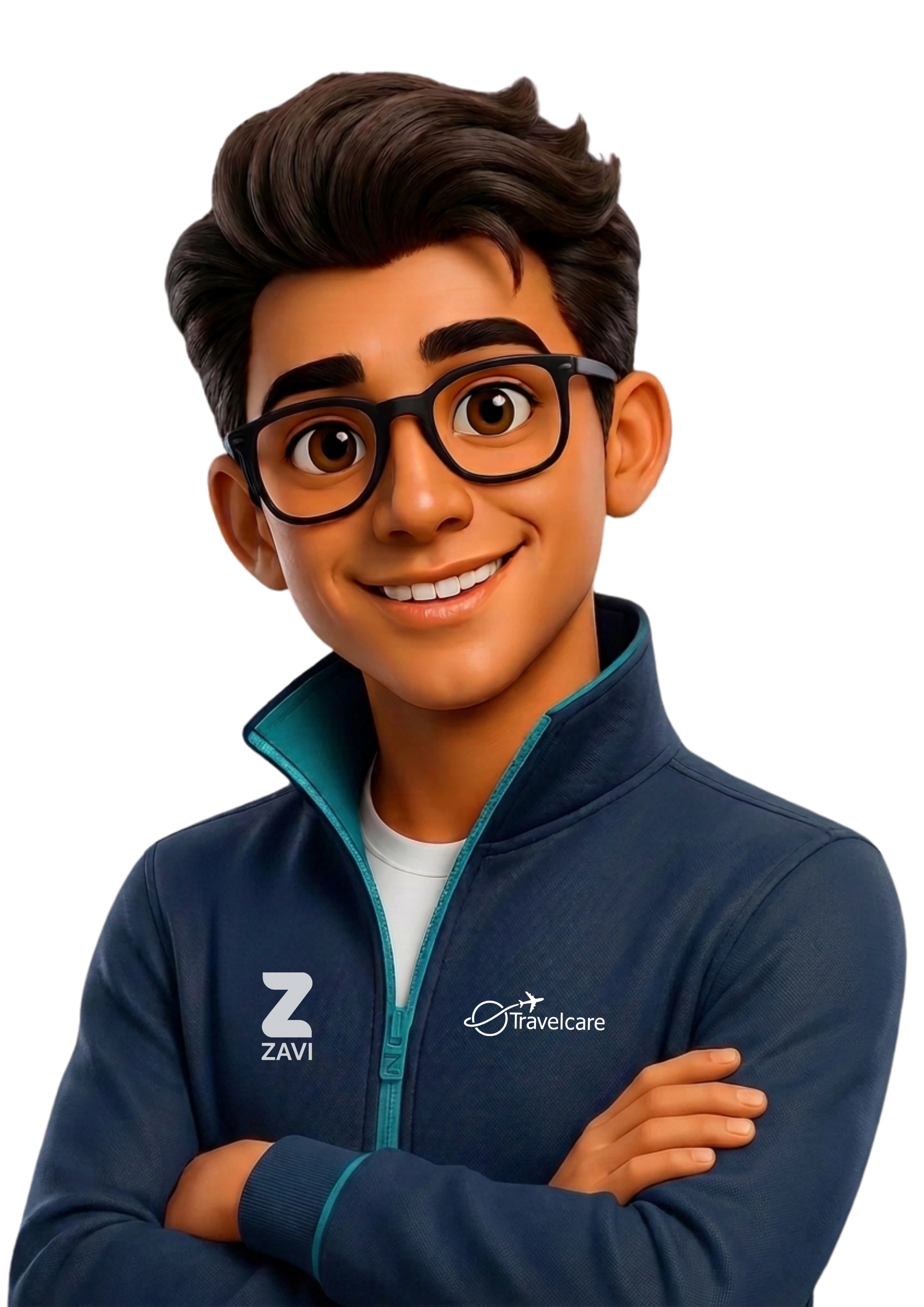 Zavi, Travelcare's AI travel advisor, smiling in a navy Travelcare jacket