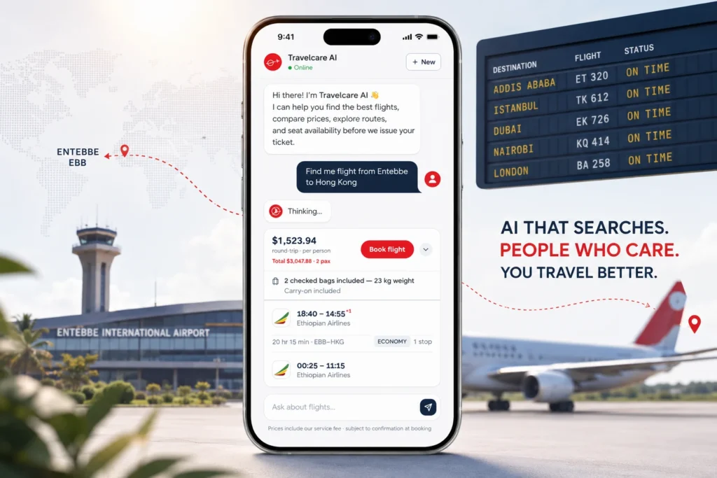 AI flight booking in Uganda with Travelcare's Zavi.