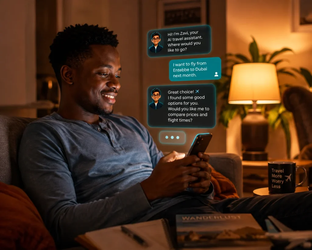 Using Zavi, Travelcare's AI travel assistant in Uganda, at night.